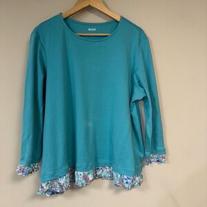 Blair Shirt Women's 2XL Floral Hem Top Teal Round Neck Plus Size Long Sleeve